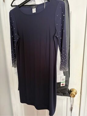 MSK Navy Long-Sleeve Pearl Accent Sheath Dress size large with tickets!